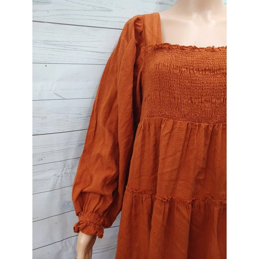 Square Neck Tiered Rust Orange Dress Sz M Long Sleeve Boho Distressed - Picture 2 of 6